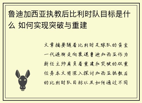 鲁迪加西亚执教后比利时队目标是什么 如何实现突破与重建 鲁迪加西亚执教后比利时队目标是什么 如何实现突破与重建