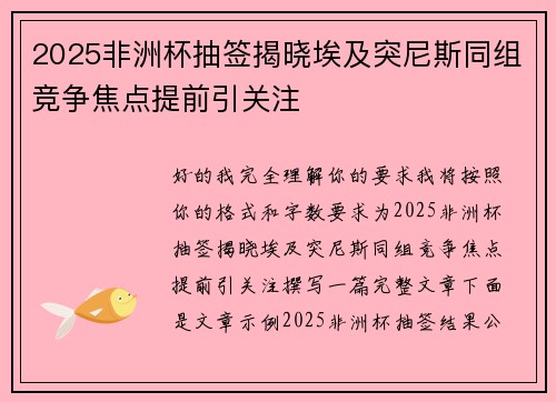 2025非洲杯抽签揭晓埃及突尼斯同组竞争焦点提前引关注
