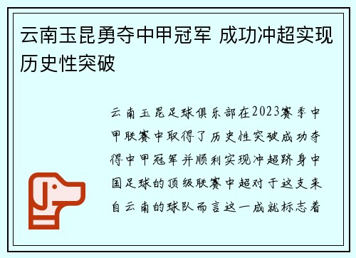 云南玉昆勇夺中甲冠军 成功冲超实现历史性突破